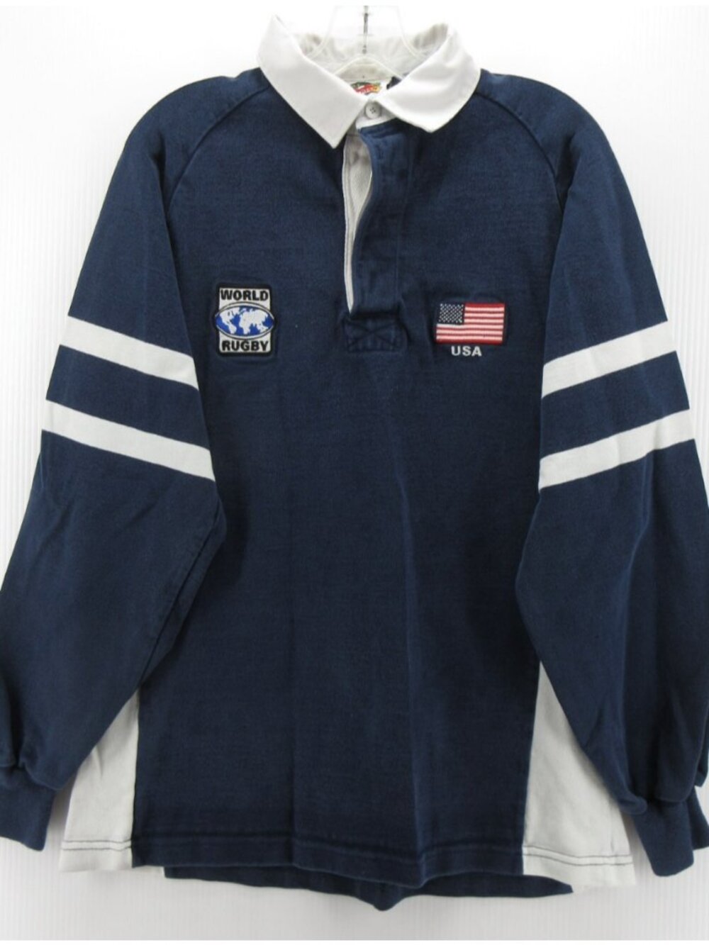 VINTAGE Barbarian Rugby Wear Polo Shirt Large USA Flag 90s Y2K Athletic